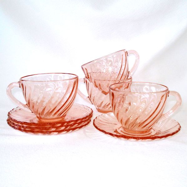Arcoroc France Rosaline Pink Swirl 4 Cup and Saucer Sets #2