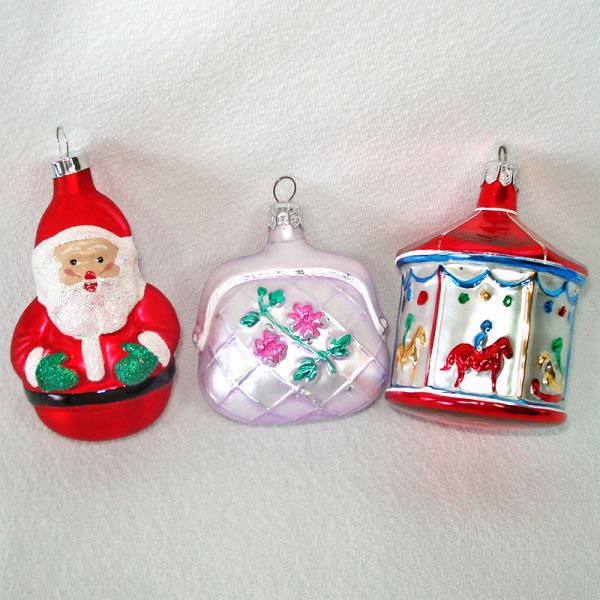 Carousel, Purse, Santa Figural Glass Christmas Ornaments