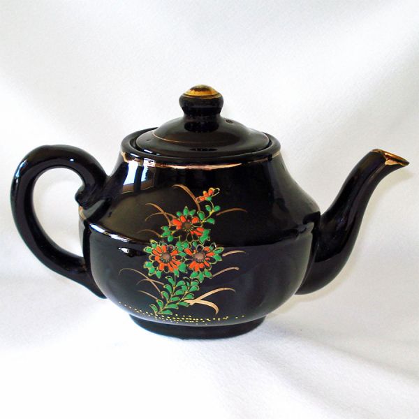 Moriage Flowers 1930s Quality Black Redware Teapot #2