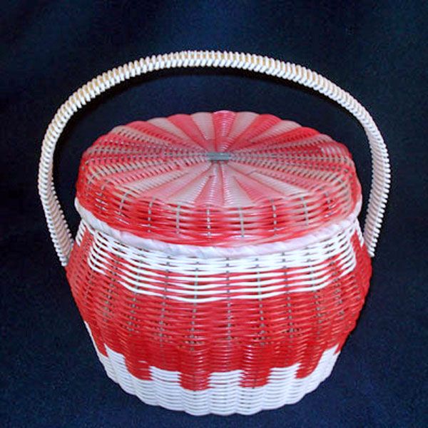 Red and White Woven Plastic Covered Sewing or Hair Curlers Basket