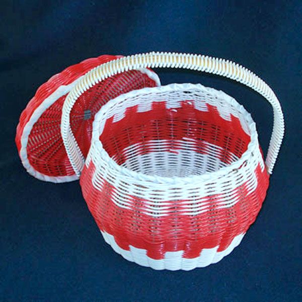 Red and White Woven Plastic Covered Sewing or Hair Curlers Basket #2