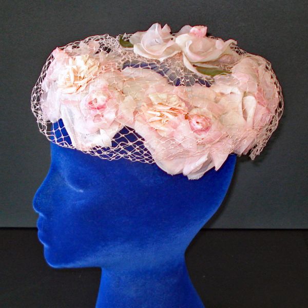 Pink Roses Peonies Flowered Pillbox Vintage Ladies Hat