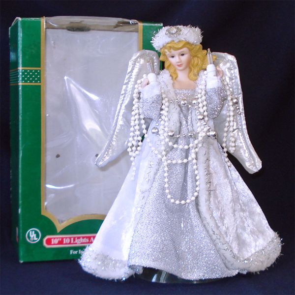 Silver White Snow Angel Lighted Christmas Tree Topper in Original Box