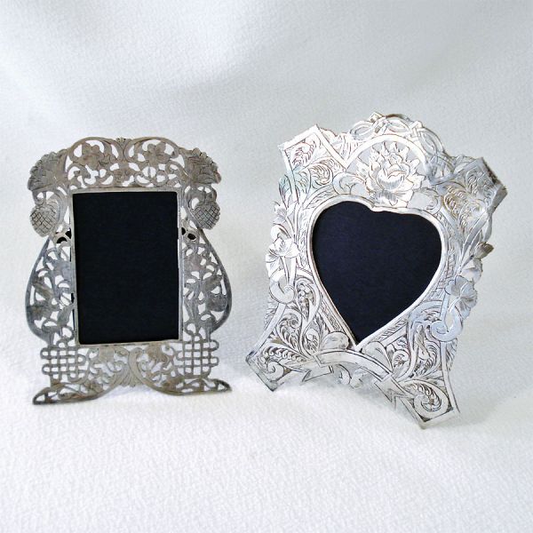 Antique Pair Miniature Engraved Silverplate Picture Frames
