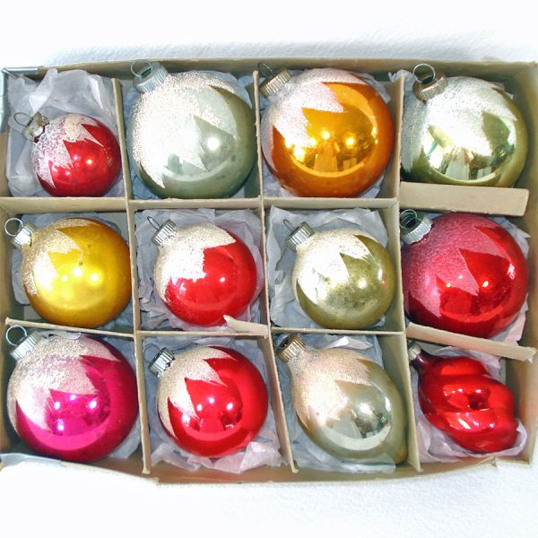 Box Shiny Brite Mica Frost Snowcap Glass Christmas Ornaments #2