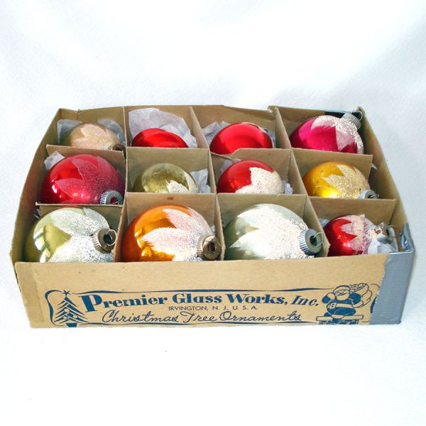 Box Shiny Brite Mica Frost Snowcap Glass Christmas Ornaments #6