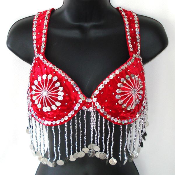 Belly Dance Bra Red Velvet, Coins, Beads, Sequins
