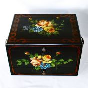 Tole Flowers Hand Painted Tri-Level Wood Silverware Chest