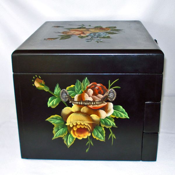 Tole Flowers Hand Painted Tri-Level Wood Silverware Chest #3