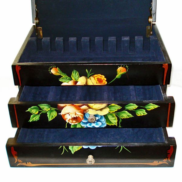 Tole Flowers Hand Painted Tri-Level Wood Silverware Chest #4