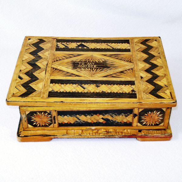 Folk Art Straw Marquetry Inlaid Wood Box To My Mother