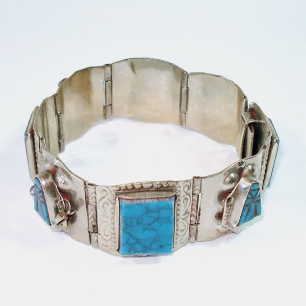 Mexico Carved Turquoise Alpaca Hinged Panel Bracelet #2