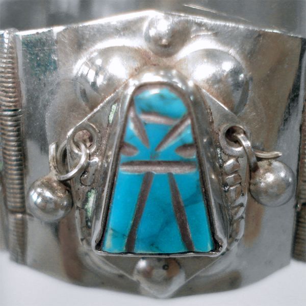 Mexico Carved Turquoise Alpaca Hinged Panel Bracelet #3