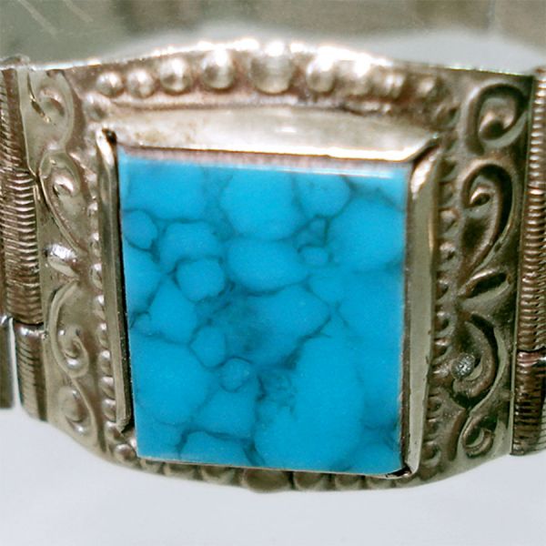 Mexico Carved Turquoise Alpaca Hinged Panel Bracelet #4