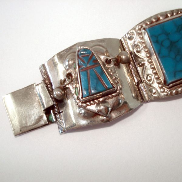 Mexico Carved Turquoise Alpaca Hinged Panel Bracelet #7