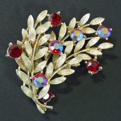 Lisner Layered Leafy Branches Red Rhinestone Brooch Pin