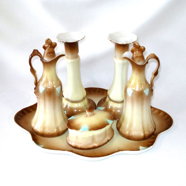 Antique Six Piece European Porcelain Vanity Set