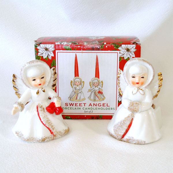 Pair Ceramic Angel Christmas Candle Holders Original Box #4