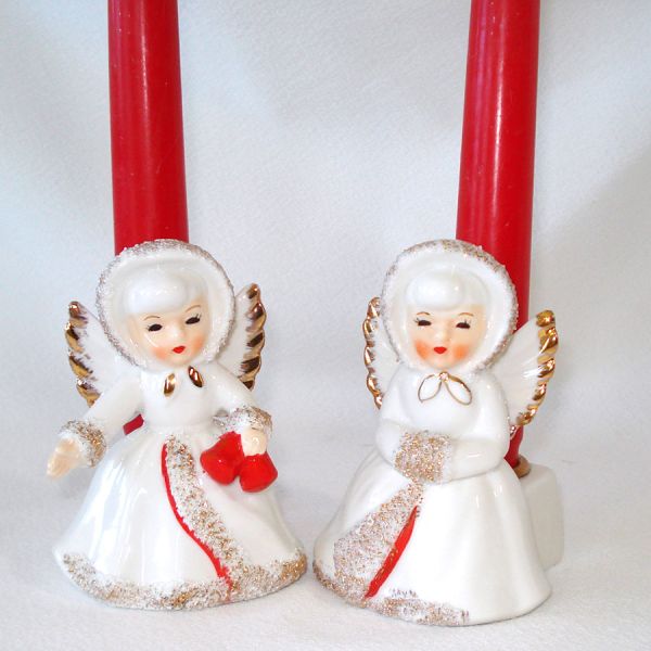 Pair Ceramic Angel Christmas Candle Holders Original Box #2