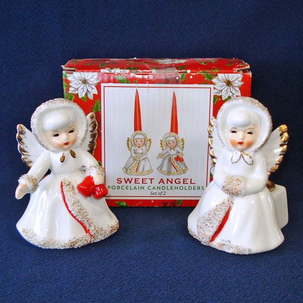 Pair Ceramic Angel Christmas Candle Holders Original Box
