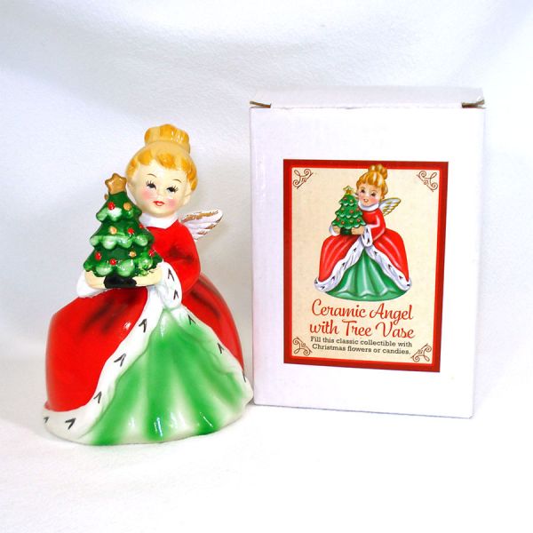 Christmas Angel With Tree Planter Vase Original Box