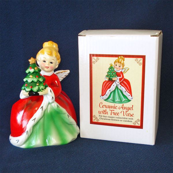 Christmas Angel With Tree Planter Vase Original Box #4
