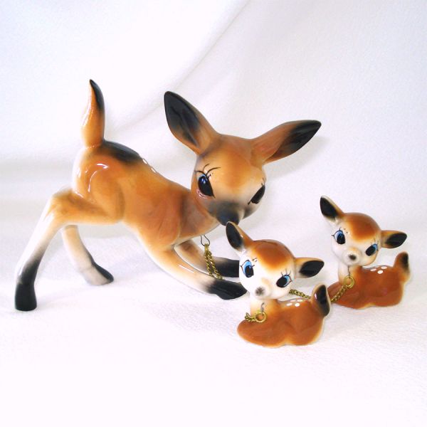 Chained Ceramic Deer and Fawns Family Christmas Figurines Mint in Box #2
