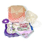 Lot Violets Hairpin Lace Trimmed Ladies Hankie, Dresser Box, Doilies, More