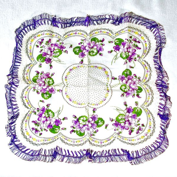 Lot Violets Hairpin Lace Trimmed Ladies Hankie, Dresser Box, Doilies, More #2