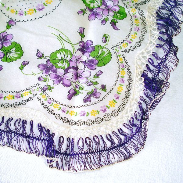 Lot Violets Hairpin Lace Trimmed Ladies Hankie, Dresser Box, Doilies, More #3