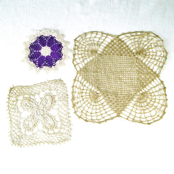 Lot Violets Hairpin Lace Trimmed Ladies Hankie, Dresser Box, Doilies, More #6