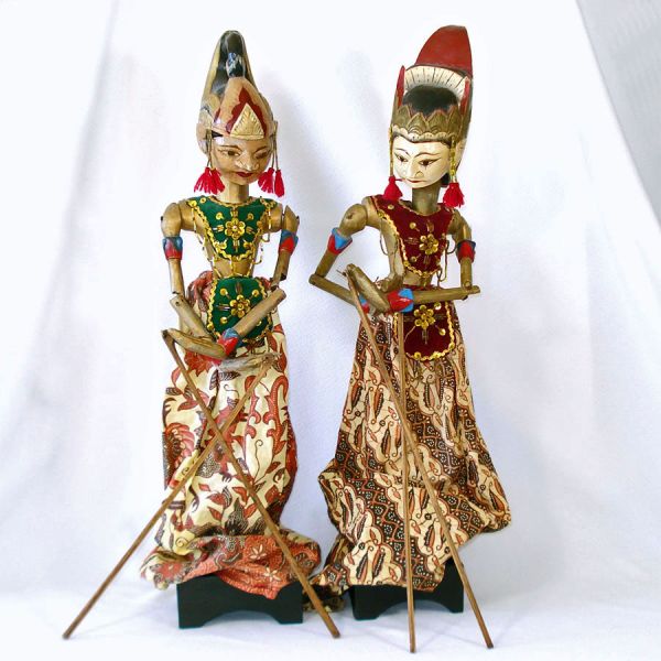 Pair Wayang Golek Indonesian Folk Art Carved Wood Puppets With Stands
