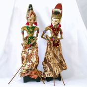 Pair Wayang Golek Indonesian Folk Art Carved Wood Puppets With Stands