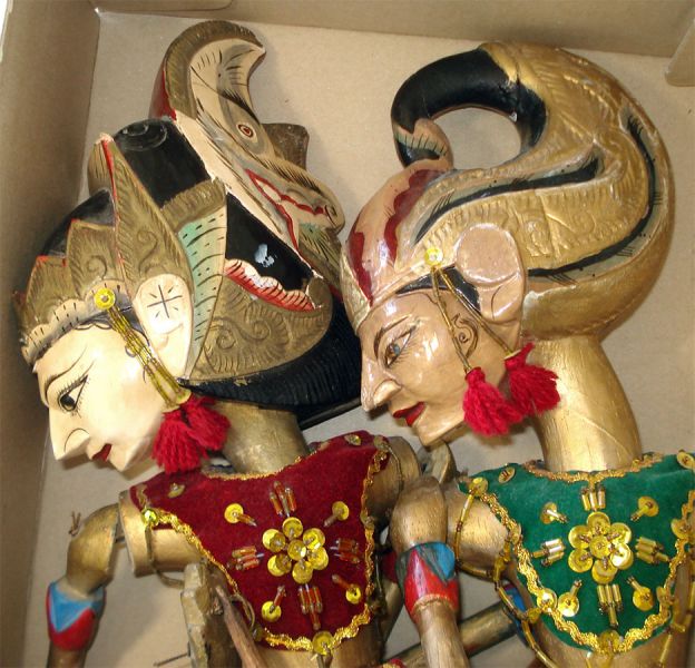 Pair Wayang Golek Indonesian Folk Art Carved Wood Puppets With Stands #2