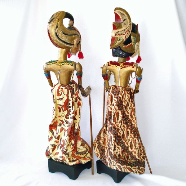 Pair Wayang Golek Indonesian Folk Art Carved Wood Puppets With Stands #3