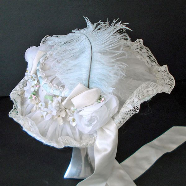 Fancy Victorian Style White Organdy Brimmed Floral Doll Bonnet