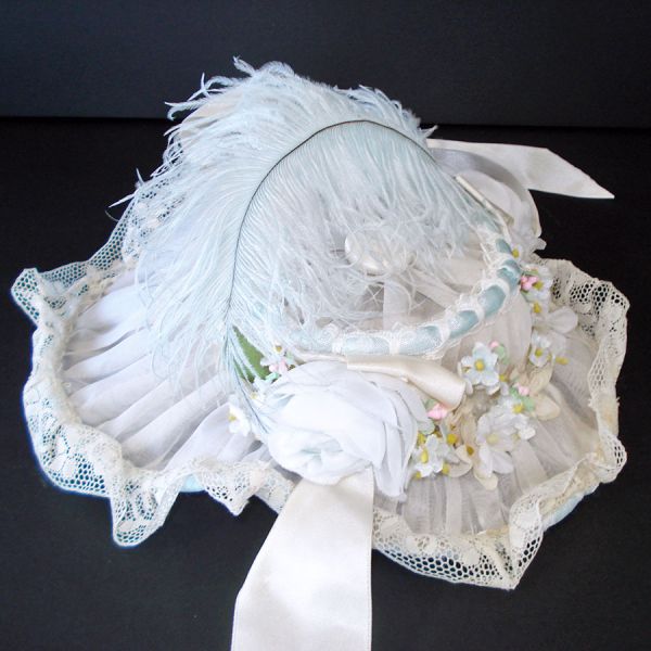 Fancy Victorian Style White Organdy Brimmed Floral Doll Bonnet #3