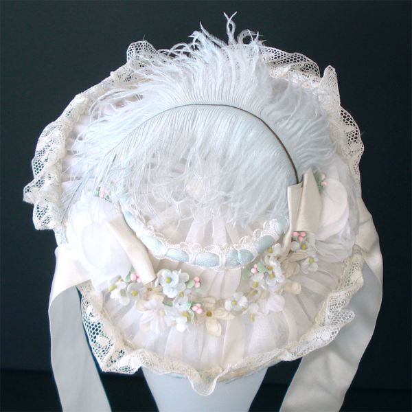 Fancy Victorian Style White Organdy Brimmed Floral Doll Bonnet #4