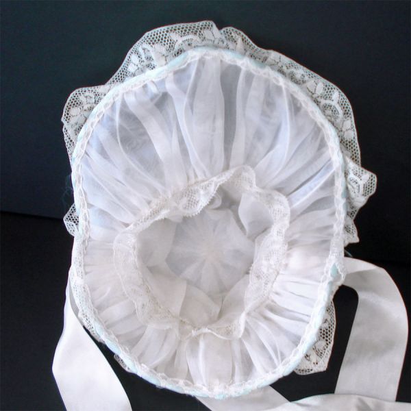 Fancy Victorian Style White Organdy Brimmed Floral Doll Bonnet #5