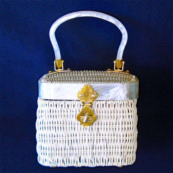 Petite White Woven Box Purse Lucite Trim
