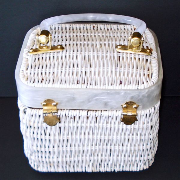 Petite White Woven Box Purse Lucite Trim #3